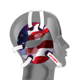 Wrestling headgear with American flag eagles stickers