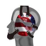 Wrestling headgear with American flag eagles stickers