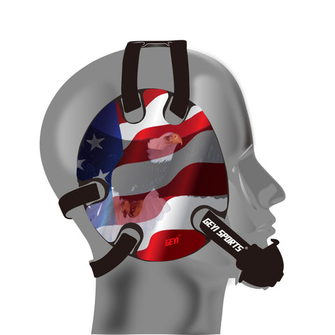 Wrestling headgear with American flag eagles stickers